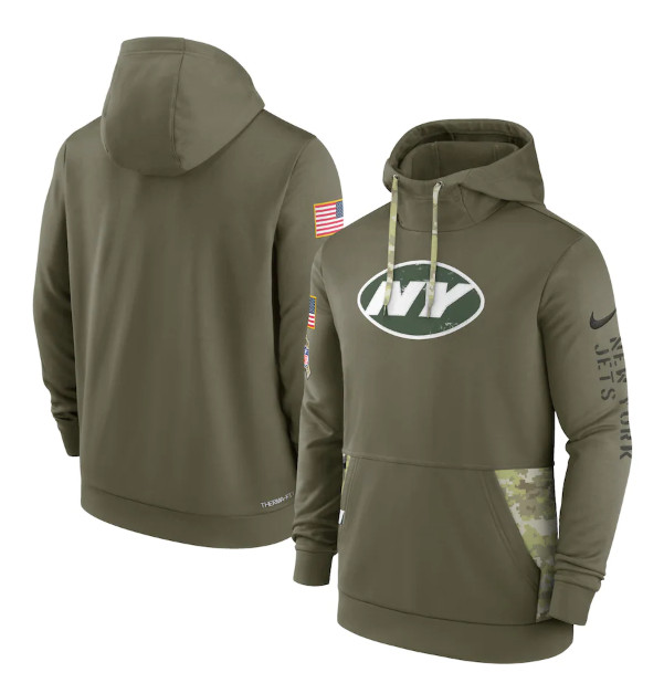 Men's New York Jets 2022 Olive Salute to Service Therma Performance Pullover Hoodie
